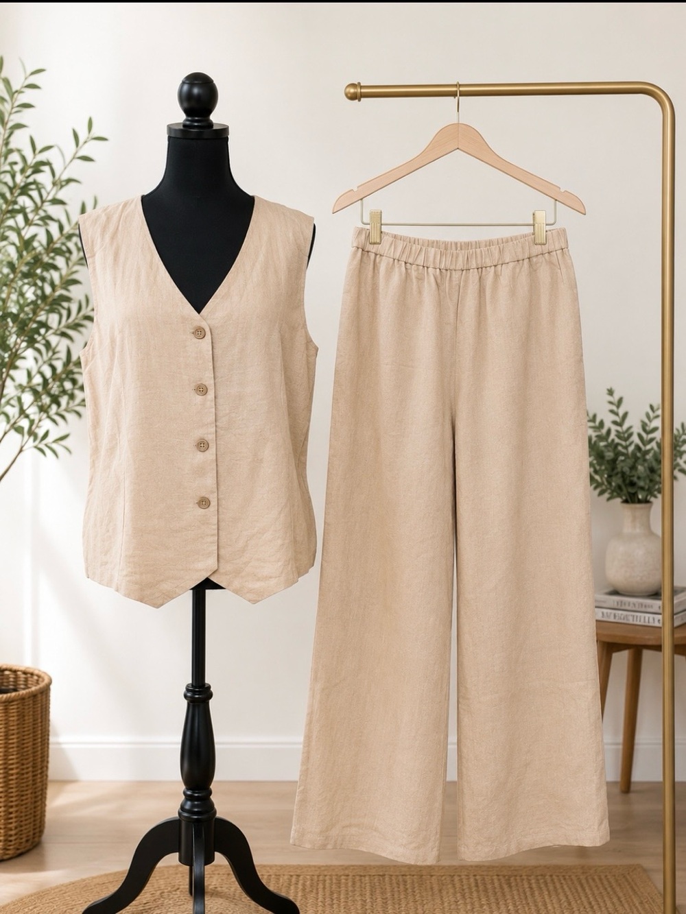 Women’s Beige 2 piece set. Wide-Leg Pants and matching vest.